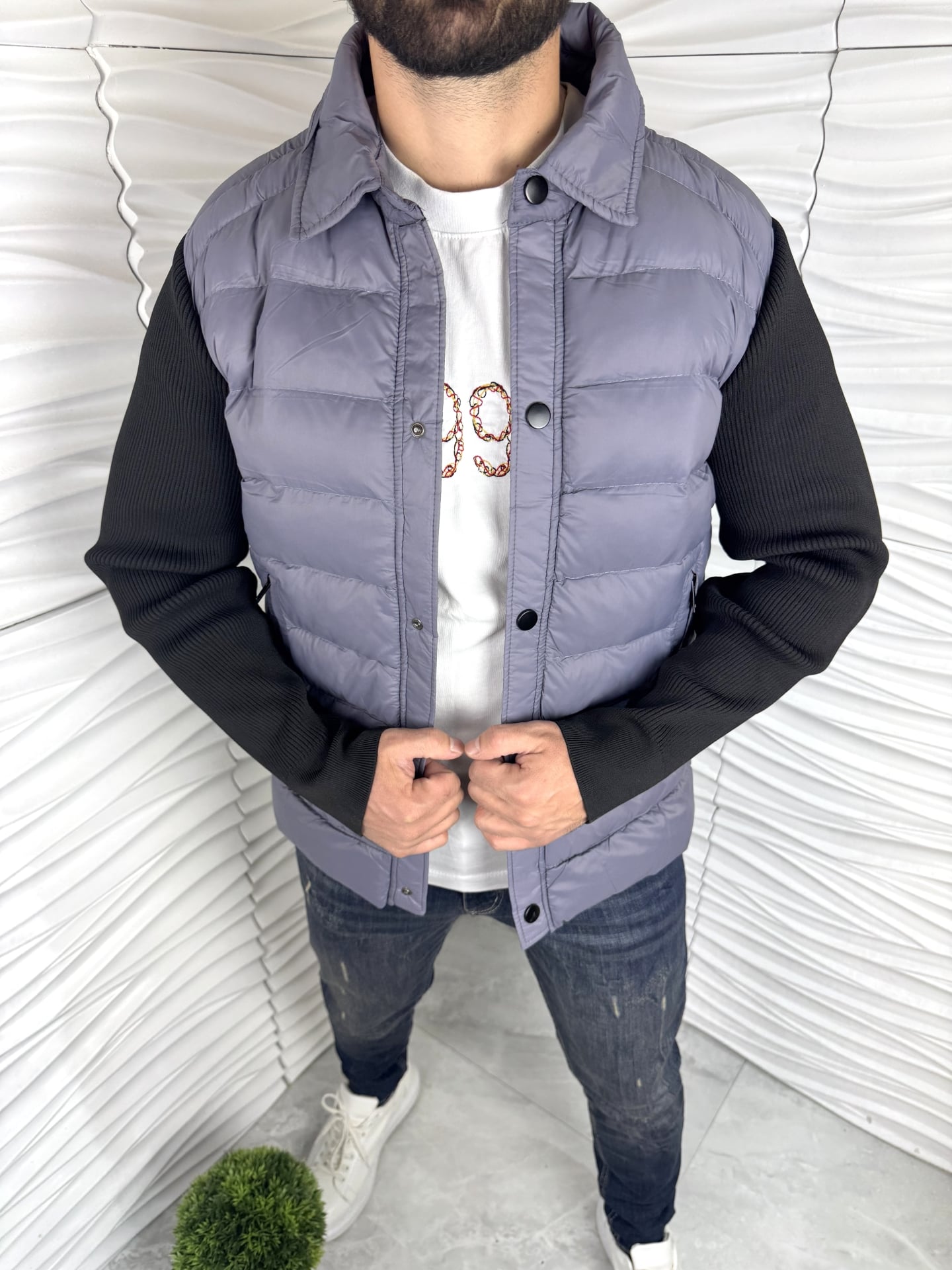 Мъжко яке с сив цвят с платнени ръкави