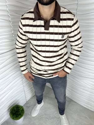 Мъжка блуза райе в светло бежово и кафяво 