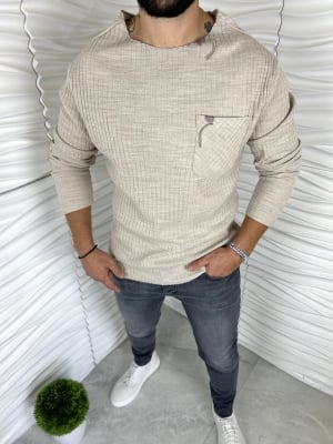 Мъжка релефна блуза в бежово с джоб отпред 