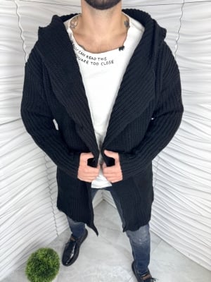 Мъжка плътна жилетка в черно с качулка 