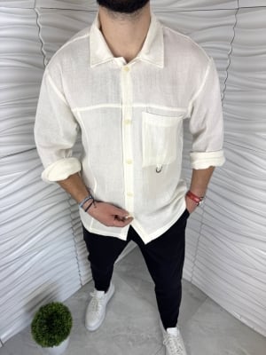 Мъжка риза с голям джоб в цвят екрю