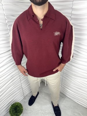 Мъжка тениска в цвят бордо с яка и ¾ ръкави