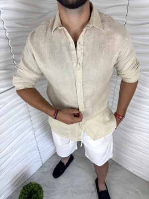 Мъжка риза в бежов цвят от 100% лен 