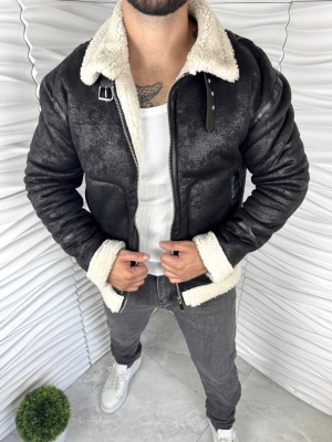Мъжко топло зимно яке в черно с бял каракул