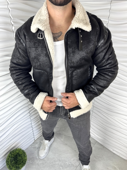 Мъжко топло зимно яке в черно с бял каракул