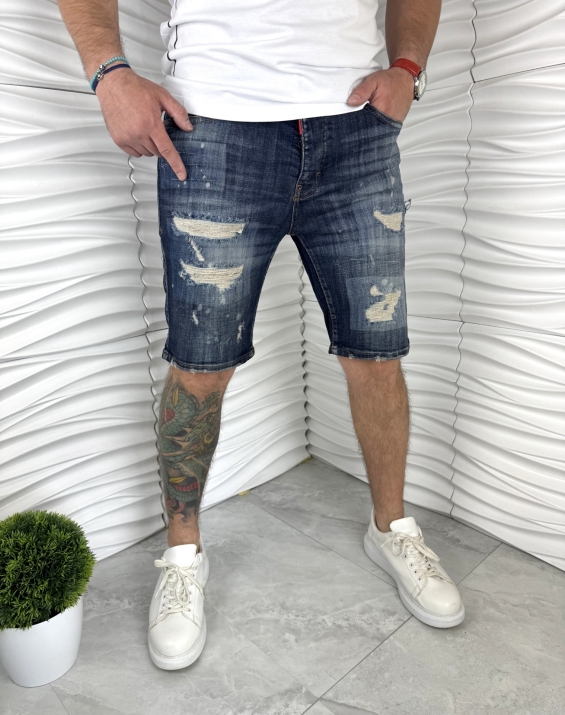 Мъжки къси дънки в син цвят с кръпки 