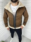 Мъжко топло зимно яке с каракул в кафяво 